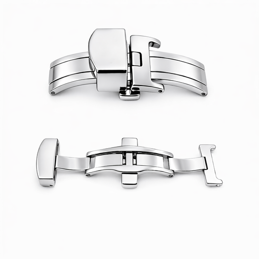Boucle Déployante Bracelet Montre - Fermoir Papillon Boutons Étroits - Poli Miroir Argent - 1 Pc