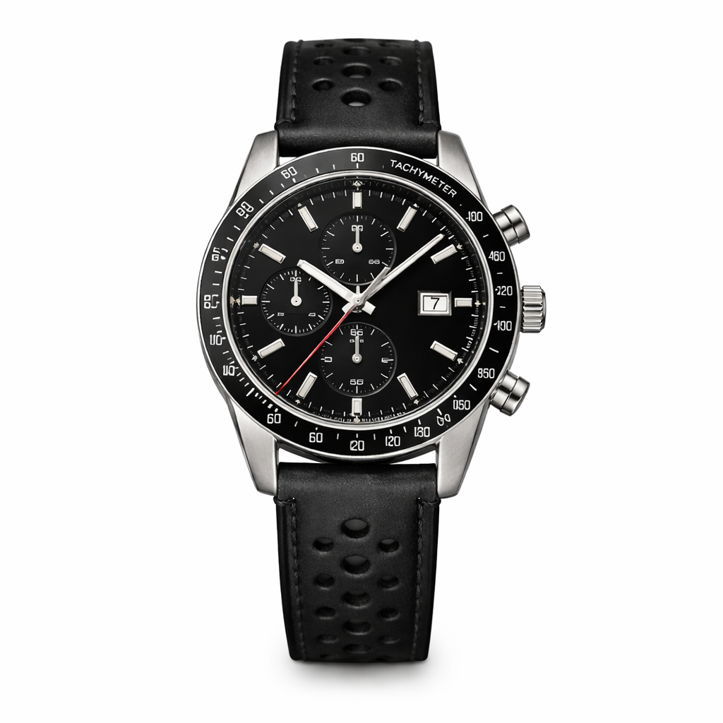 Masar Bracelet Montre Rallye perforé en Cuir Noir - Rapide - Universel