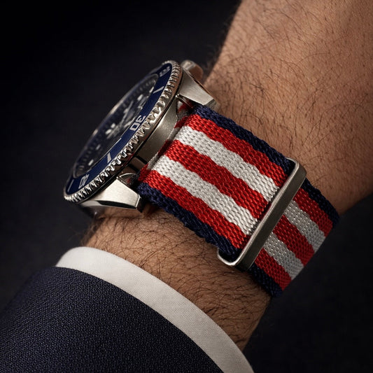 Nato Nylon Blue/White/Red Watch Strap - Brushed Steel Buckle - Men's