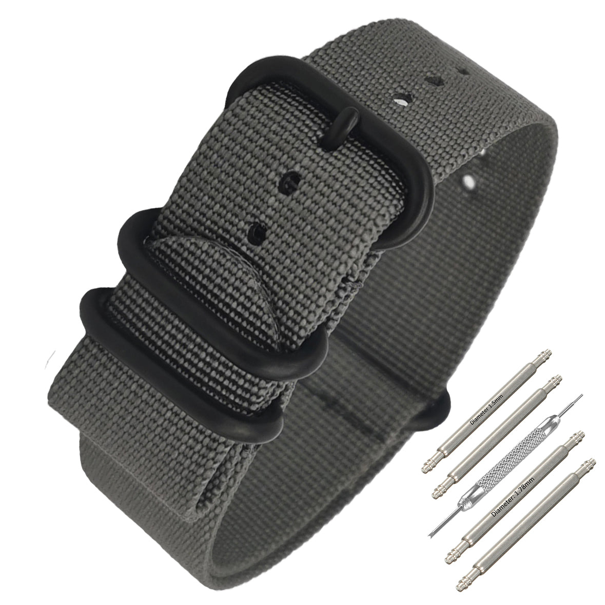 Masar ZULU Bracelet Nato 20mm Nylon - Gris / Boucle Noir - Homme - Strap Raide et épais 2mm