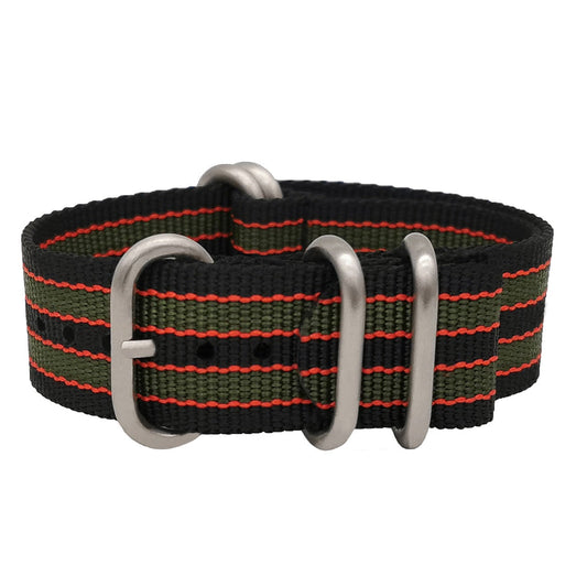 Masar Bracelet Montre ZULU- James Bond Noir-Rouge-Vert - Boucle Satin - Homme - Raide et épais 2mm