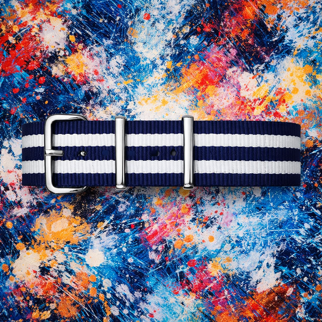 Masar Bracelet Montre Nato Bleu Marine / 2 bandes Blanche