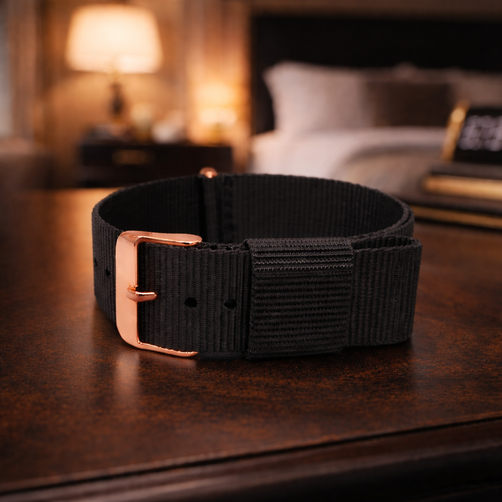 Cinturino per orologio Masar NATO in nylon, fibbia nera/oro rosa