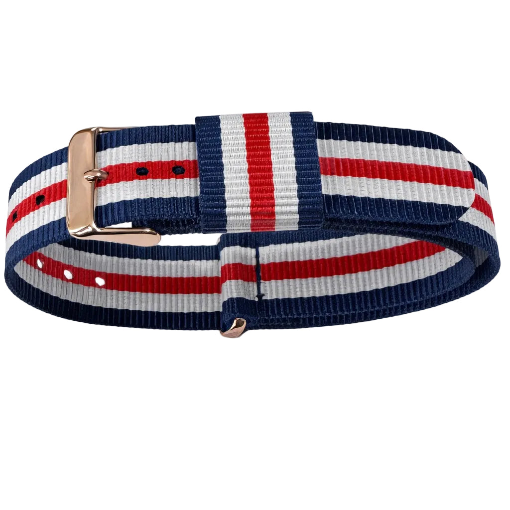 Masar Bracelet de Montre NATO Nylon Bleu-Blanc-Rouge Canterbury - Boucle Doré Or Rose