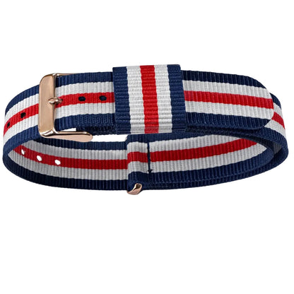 Masar Bracelet de Montre NATO Nylon Bleu-Blanc-Rouge Canterbury - Boucle Doré Or Rose