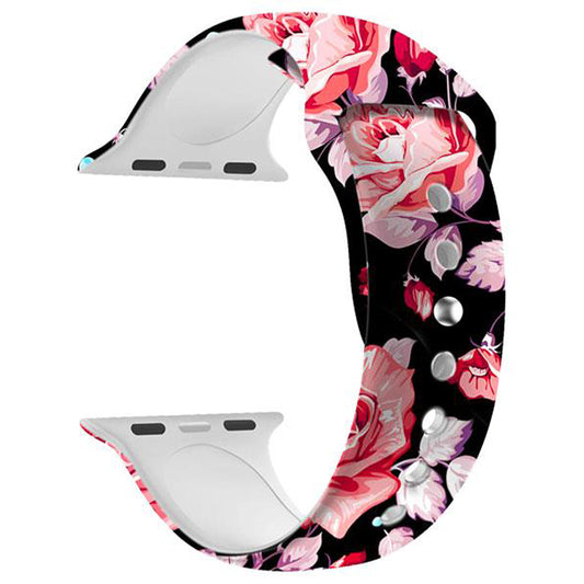 Silicone Watch Band for Apple Watch - Pink/Flowers - Black Flower