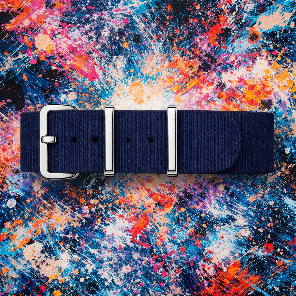 Masar Bracelet Montre NATO Bleu Marine Foncé / Boucle Argent Poli Miroir