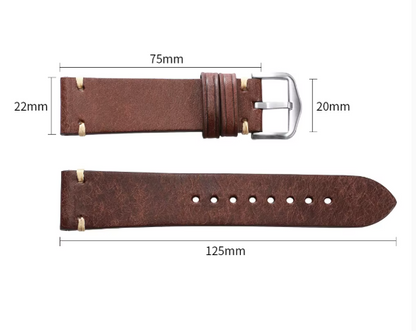 Genuine Bovine Leather Watch Strap - Vintage Style with Quick-Release Fasteners