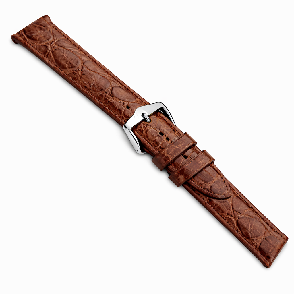 Cinturino per Orologio in Pelle Marrone - Coccodrillo Autentico - Spessore 2,9mm - Fibbia Oro e Argento