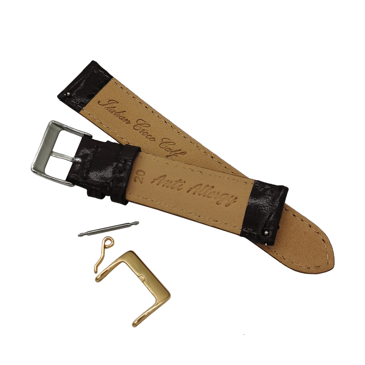 Cinturino per Orologio in Pelle Italiana Nera - Sgancio Rapido, Grana Coccodrillo - Alta Lucentezza