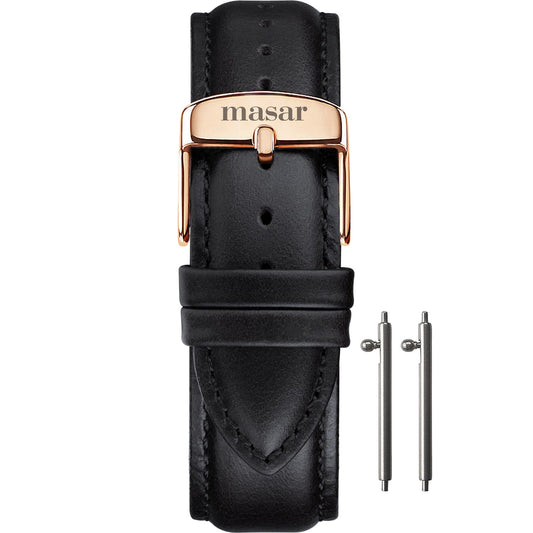 Cinturino per Orologio in Pelle Nera - Sgancio Rapido - Fibbia Oro Rosa - da 18mm a 22mm