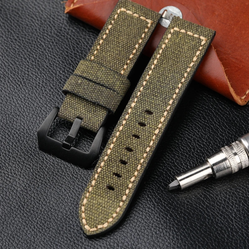 Cinturino per orologio in pelle e tela, 20 22 24 26MM, nero, verde, marrone, denim, materiale spesso, retrò, cinturino per orologio militare