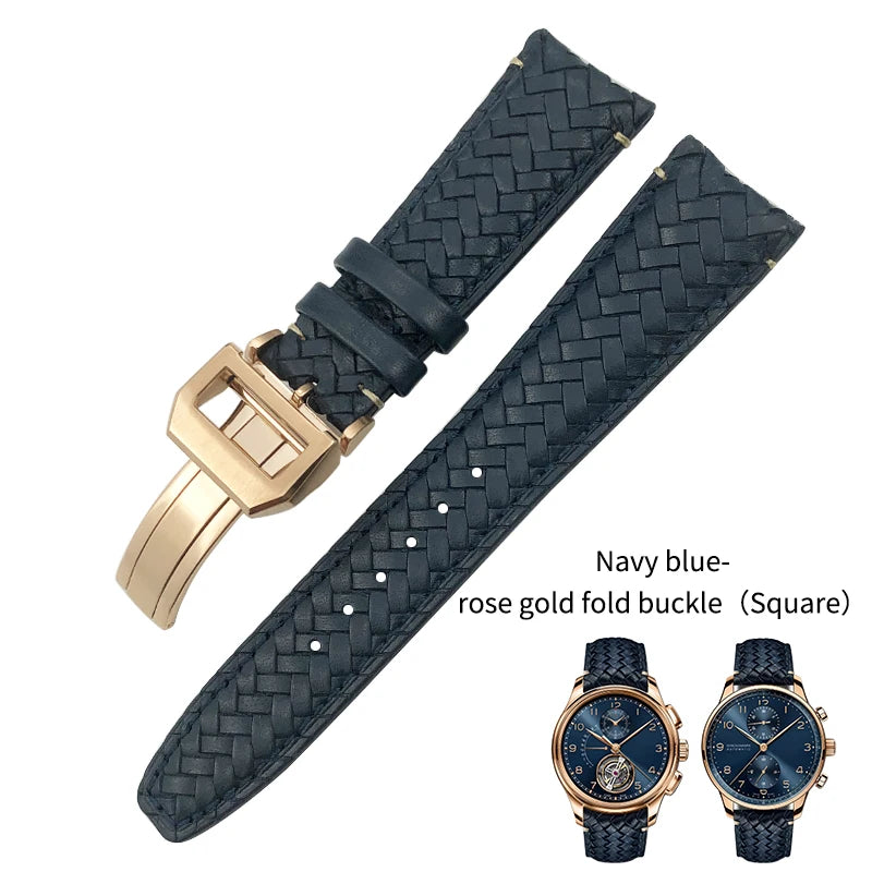High Quality Cowhide Woven Watch Strap, 20 21mm 22mm, Suitable for IWC Portugieser Pilot Watches, Curved End, Genuine Leather Watchband
