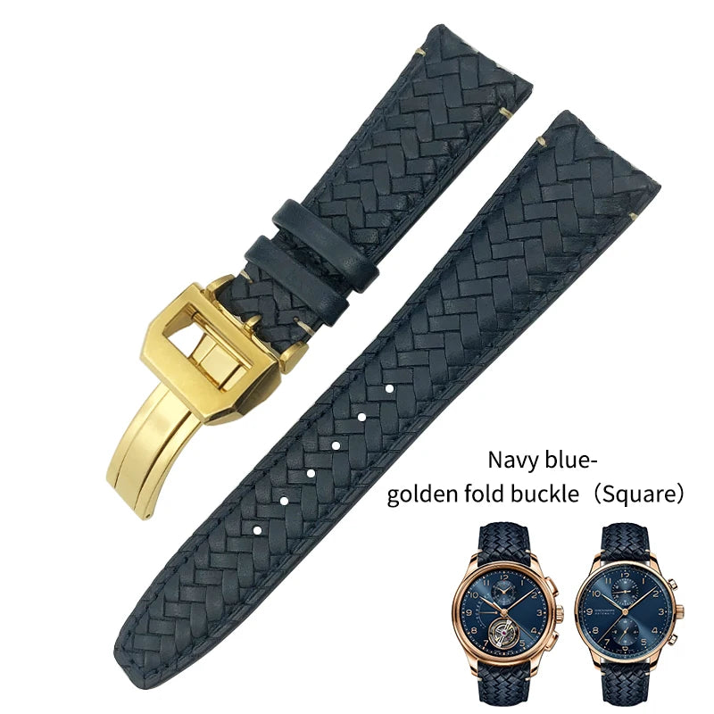 High Quality Cowhide Woven Watch Strap, 20 21mm 22mm, Suitable for IWC Portugieser Pilot Watches, Curved End, Genuine Leather Watchband