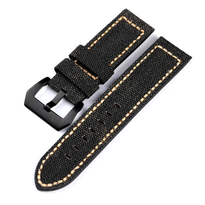 Cinturino per orologio in pelle e tela, 20 22 24 26MM, nero, verde, marrone, denim, materiale spesso, retrò, cinturino per orologio militare