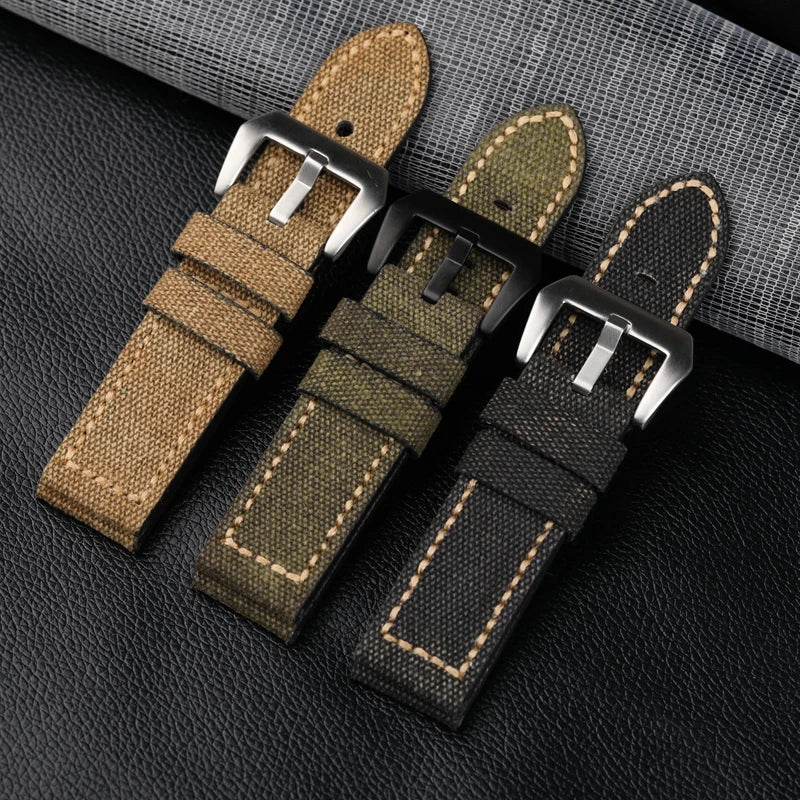 Cinturino per orologio in pelle e tela, 20 22 24 26MM, nero, verde, marrone, denim, materiale spesso, retrò, cinturino per orologio militare