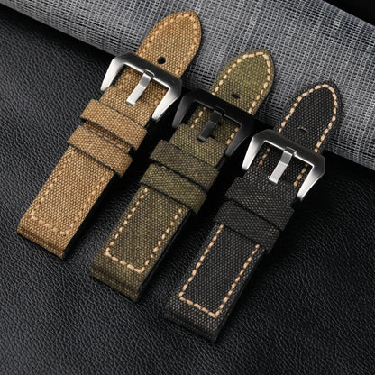 Cinturino per orologio in pelle e tela, 20 22 24 26MM, nero, verde, marrone, denim, materiale spesso, retrò, cinturino per orologio militare