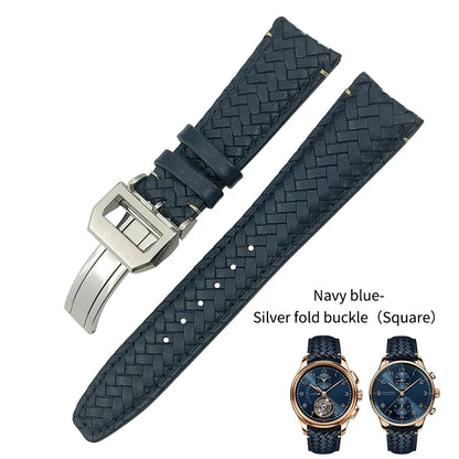 High Quality Cowhide Woven Watch Strap, 20 21mm 22mm, Suitable for IWC Portugieser Pilot Watches, Curved End, Genuine Leather Watchband