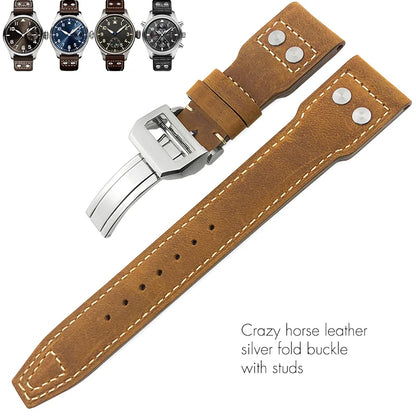 Cinturino per orologio in vera pelle di alta qualità con rivetti da 21 mm 22 mm, adatto per IWC Big Pilot Spitfire TOP GUN, in pelle bovina marrone e nera