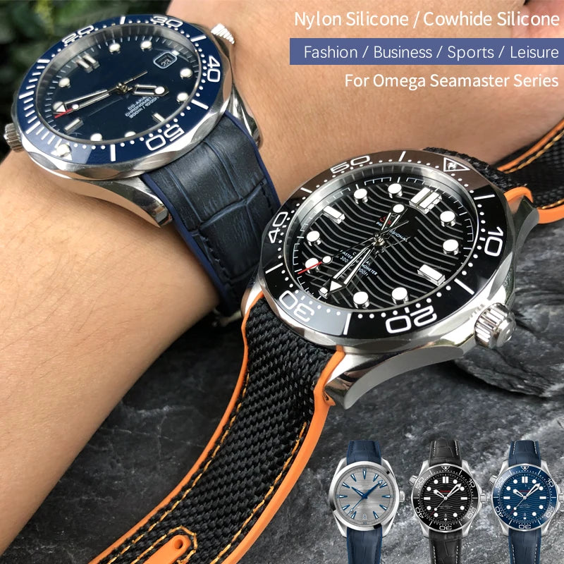 Cinturino per orologio in gomma, nylon e pelle, cinturino in silicone arancione, tela nera, adatto per Omega Seamaster 84300, Planet Ocean 600, 20mm, 21mm, 22mm