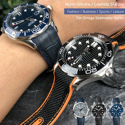 Cinturino per orologio in gomma, nylon e pelle, cinturino in silicone arancione, tela nera, adatto per Omega Seamaster 84300, Planet Ocean 600, 20mm, 21mm, 22mm