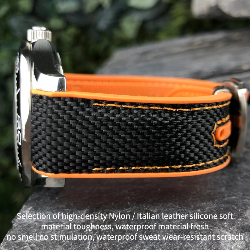 Cinturino per orologio in gomma, nylon e pelle, cinturino in silicone arancione, tela nera, adatto per Omega Seamaster 84300, Planet Ocean 600, 20mm, 21mm, 22mm