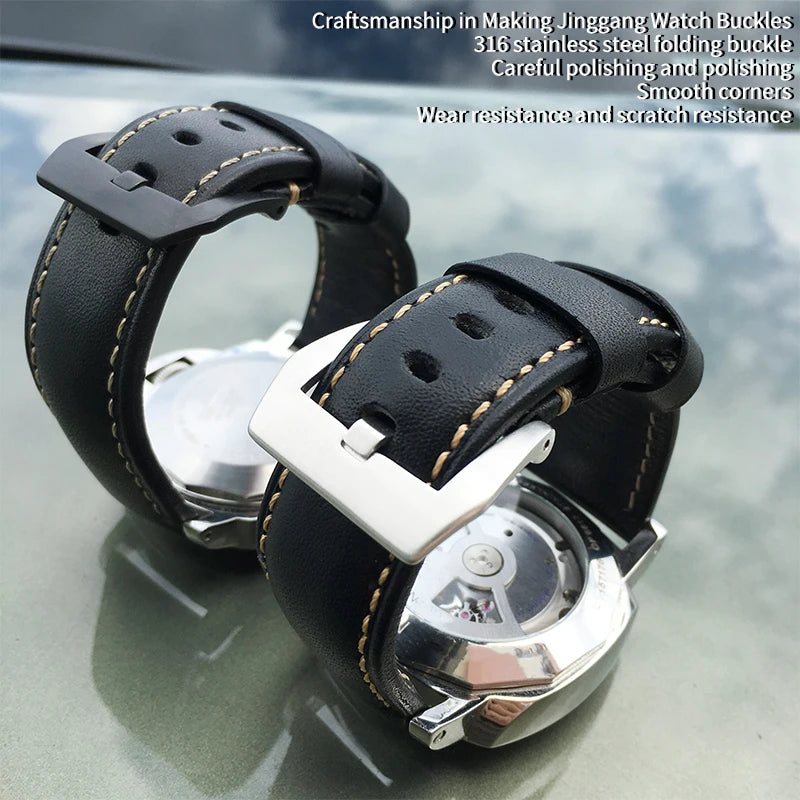 Bracelet de montre en cuir de vachette véritable pour homme, bracelet à boucle ardillon, spécial pour PANERAI LUMINOR 1950 Gstuff SUBMERSIBLE PAM441 PAM438, 24mm