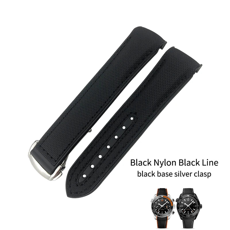 Cinturino per orologio in gomma, nylon e pelle, cinturino in silicone arancione, tela nera, adatto per Omega Seamaster 84300, Planet Ocean 600, 20mm, 21mm, 22mm