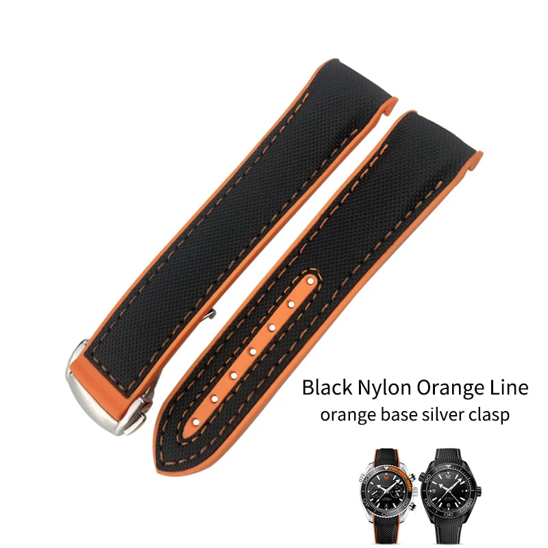 Cinturino per orologio in gomma, nylon e pelle, cinturino in silicone arancione, tela nera, adatto per Omega Seamaster 84300, Planet Ocean 600, 20mm, 21mm, 22mm