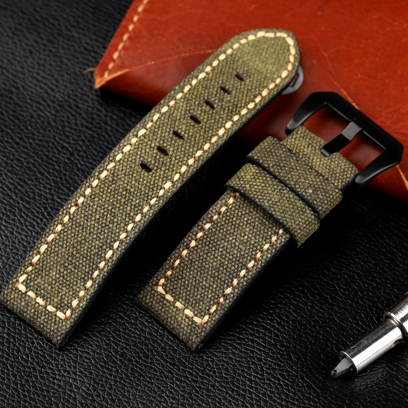 Cinturino per orologio in pelle e tela, 20 22 24 26MM, nero, verde, marrone, denim, materiale spesso, retrò, cinturino per orologio militare
