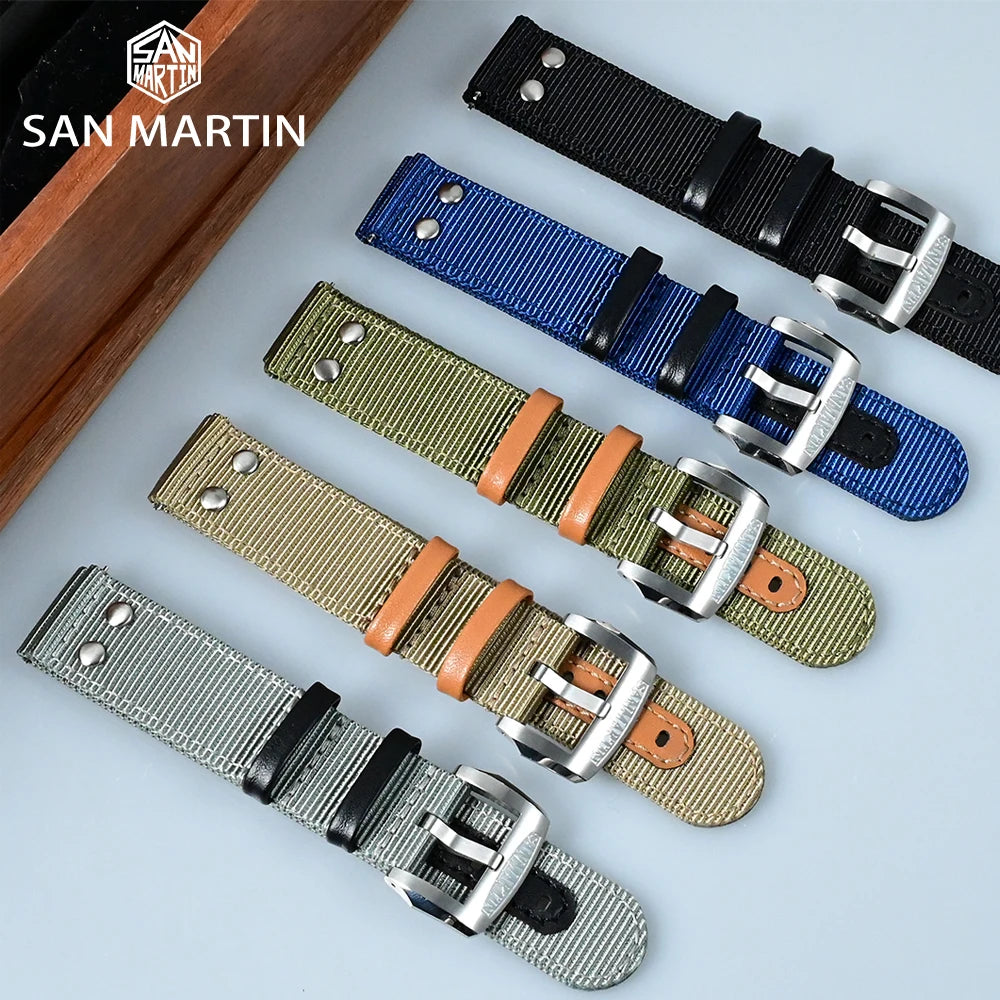 San Martin Quick Release Watch Strap Double Layer High Quality Nylon Strap Fashion Rivet Stitching Design 20mm 22mm Watch Parts