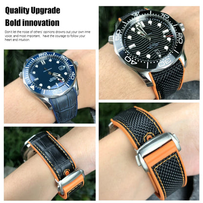 Cinturino per orologio in gomma, nylon e pelle, cinturino in silicone arancione, tela nera, adatto per Omega Seamaster 84300, Planet Ocean 600, 20mm, 21mm, 22mm