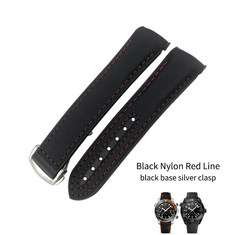 Cinturino per orologio in gomma, nylon e pelle, cinturino in silicone arancione, tela nera, adatto per Omega Seamaster 84300, Planet Ocean 600, 20mm, 21mm, 22mm