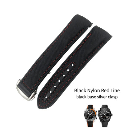 Cinturino per orologio in gomma, nylon e pelle, cinturino in silicone arancione, tela nera, adatto per Omega Seamaster 84300, Planet Ocean 600, 20mm, 21mm, 22mm