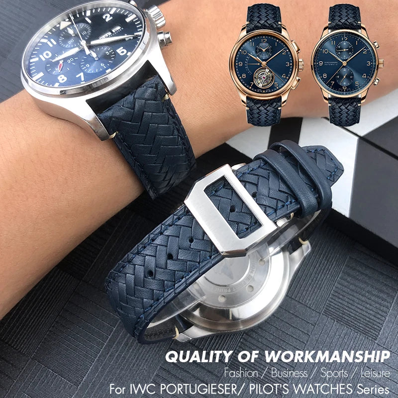 High Quality Cowhide Woven Watch Strap, 20 21mm 22mm, Suitable for IWC Portugieser Pilot Watches, Curved End, Genuine Leather Watchband