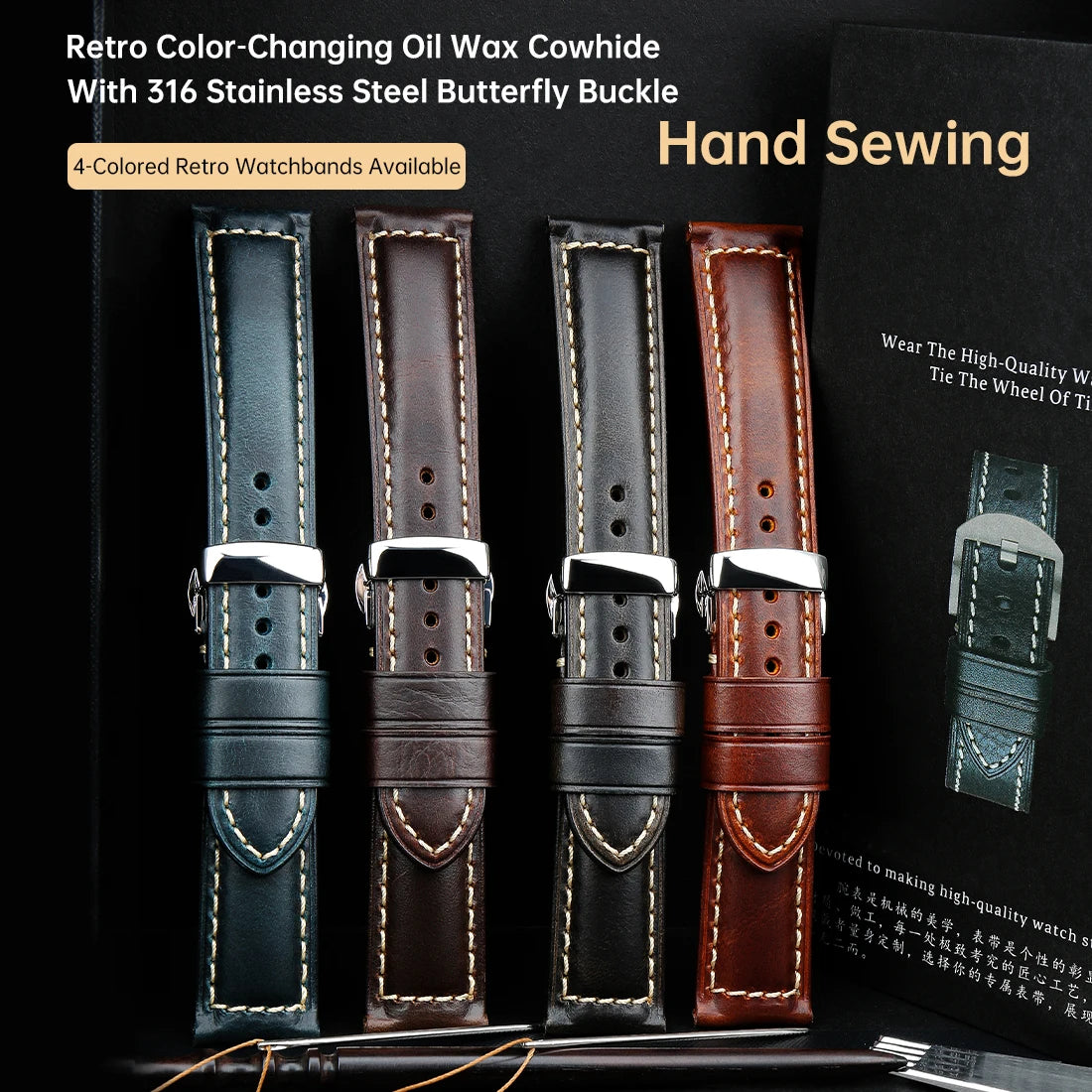 Watch accessories watch straps 20mm 22mm 24mm Cowhide leather watch strap butterfly buckle clasp watchband watch strap belt