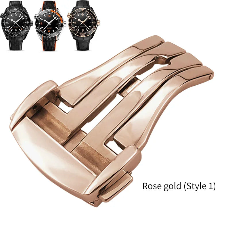 Cinturino per orologio in gomma pelle Omega nero oro rosa in acciaio inox fibbia deployante appuntita 16mm 18mm 20mm chiusura a farfalla