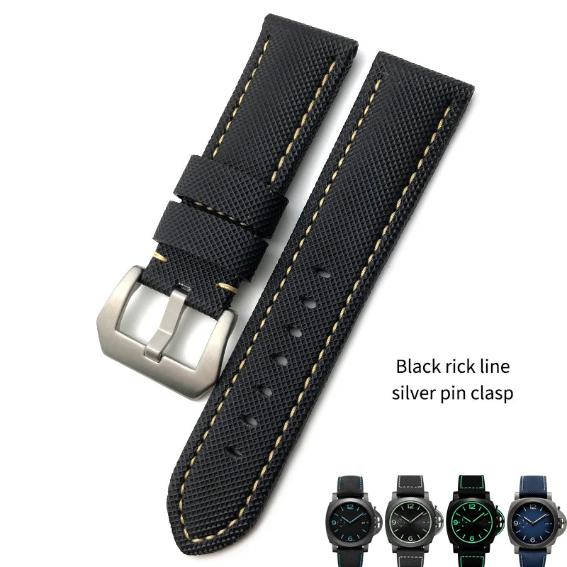 High-quality nylon watch strap, genuine leather strap, black and blue canvas, stainless steel structure, Panerai, 22mm, 24mm, 26mm