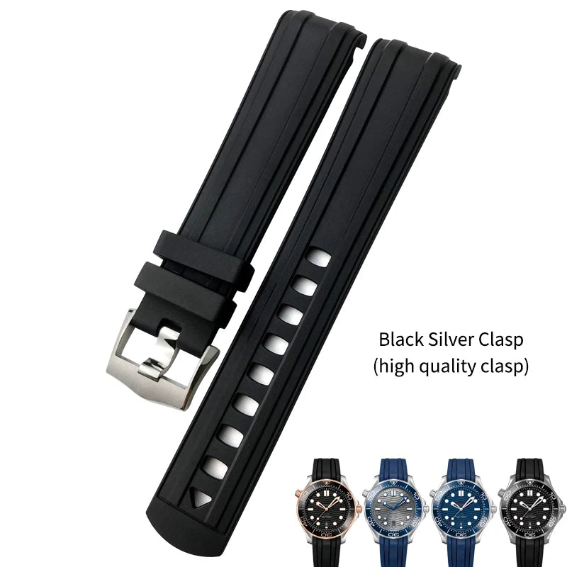 20mm 21mm 19mm High-Quality Fluororubber Silicone Watch Strap Band for Omega New Seamaster 300 Black Blue Soft Bracelet