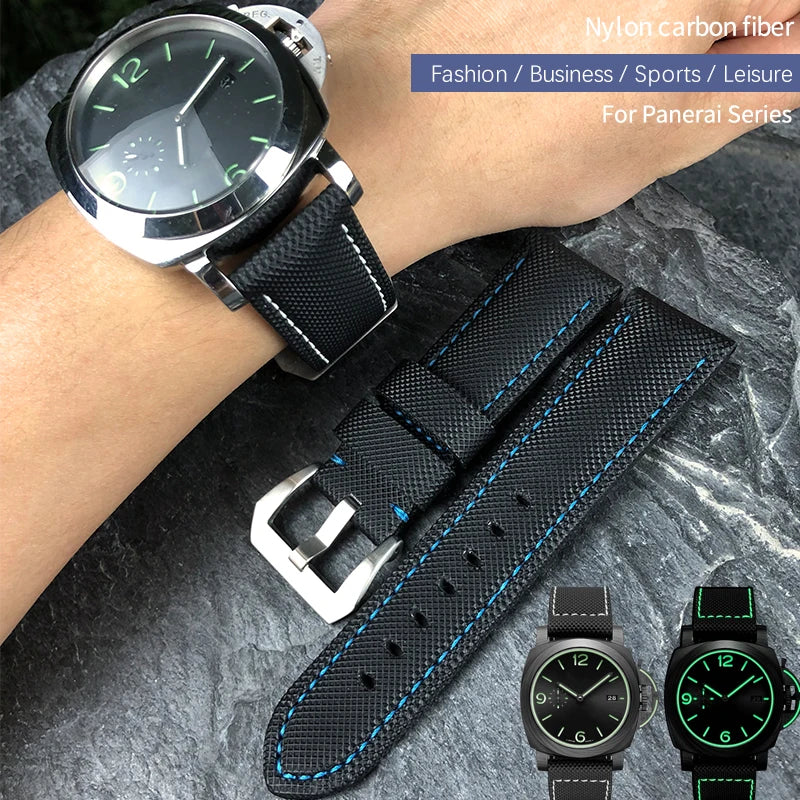 High-quality nylon watch strap, genuine leather strap, black and blue canvas, stainless steel structure, Panerai, 22mm, 24mm, 26mm