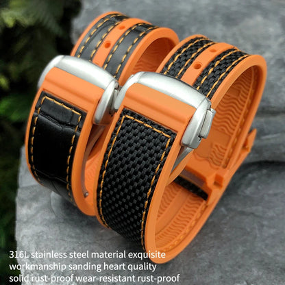 Cinturino per orologio in gomma, nylon e pelle, cinturino in silicone arancione, tela nera, adatto per Omega Seamaster 84300, Planet Ocean 600, 20mm, 21mm, 22mm