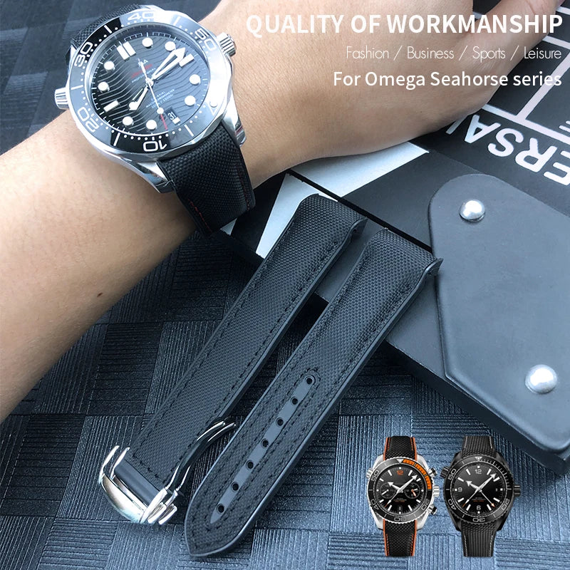 Cinturino per orologio in gomma, nylon e pelle, cinturino in silicone arancione, tela nera, adatto per Omega Seamaster 84300, Planet Ocean 600, 20mm, 21mm, 22mm