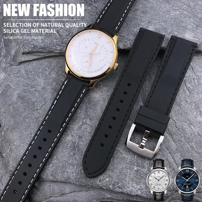 Rubber and Silicone Watch Strap, 19mm 20mm 21mm 22mm, for Tissot Le Locle T063, Soft and Waterproof, Stainless Steel Buckle