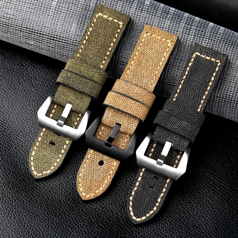 Cinturino per orologio in pelle e tela, 20 22 24 26MM, nero, verde, marrone, denim, materiale spesso, retrò, cinturino per orologio militare