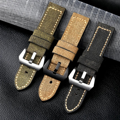 Cinturino per orologio in pelle e tela, 20 22 24 26MM, nero, verde, marrone, denim, materiale spesso, retrò, cinturino per orologio militare