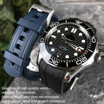 20mm 21mm 19mm High-Quality Fluororubber Silicone Watch Strap Band for Omega New Seamaster 300 Black Blue Soft Bracelet