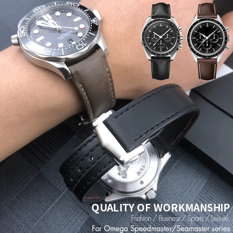 Cinturino per orologio in vera pelle, compatibile con Omega Planet Ocean AT150 Seam84Gstuff HouseDiver, 300 morbida pelle bovina, 19mm, 20mm, 21mm