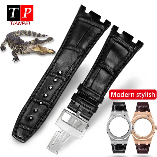 Bracelet de montre en cuir d'alligator, véritable, marron, 28mm, fait à la main, accessoires de haute qualité