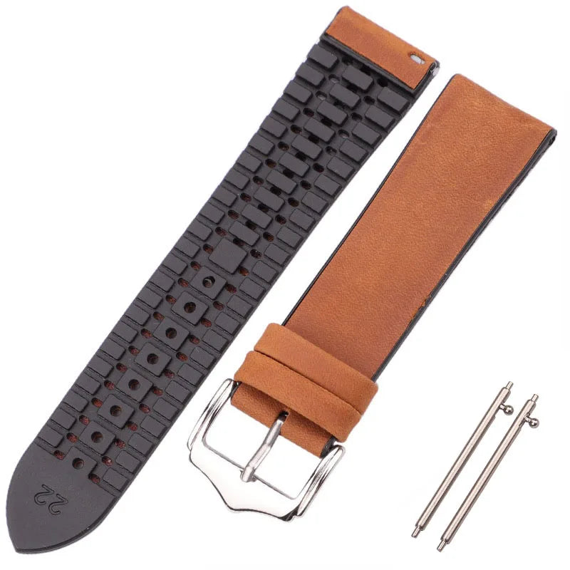 Bracelet de montre en cuir véritable pour hommes et femmes, en caoutchouc et Silicone, étanche et respirant, boucle, accessoires d'horloge 18 20 22mm