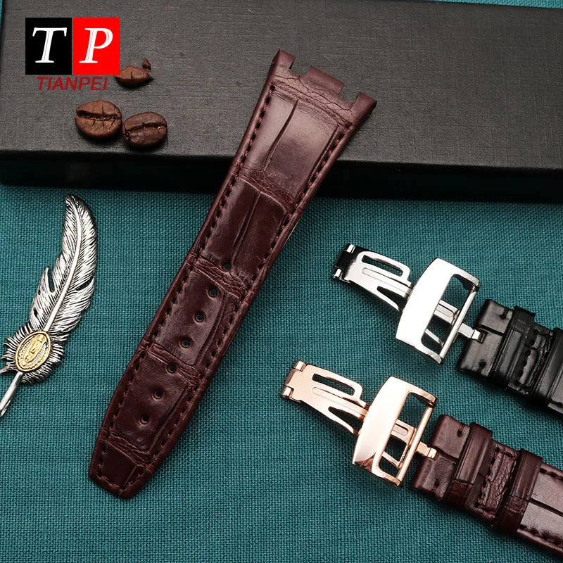 Cinturino per orologio in vera pelle di alligatore, marrone, 28 mm, fatto a mano, accessorio di alta qualità